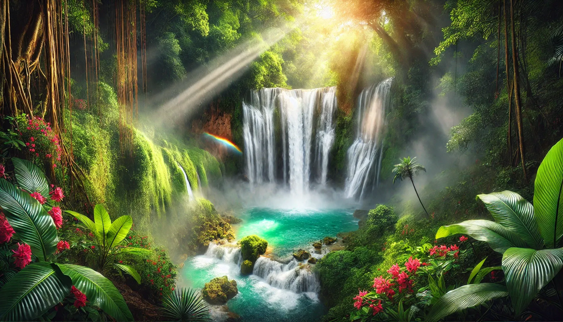 stunning tropical waterfall cascading into a clear turquoise pool. The waterfall is surrounded by dense, lush green jungle with vibrant flowers and vines hanging from the trees. Sunlight beams filter through the canopy